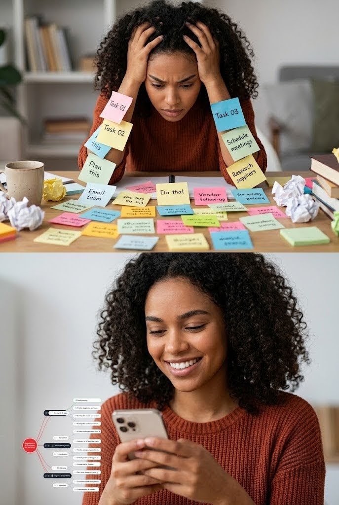 Before Our Task Map: overwhelmed by sticky notes. After: calm, checking the same plan as a tidy map on her phone.